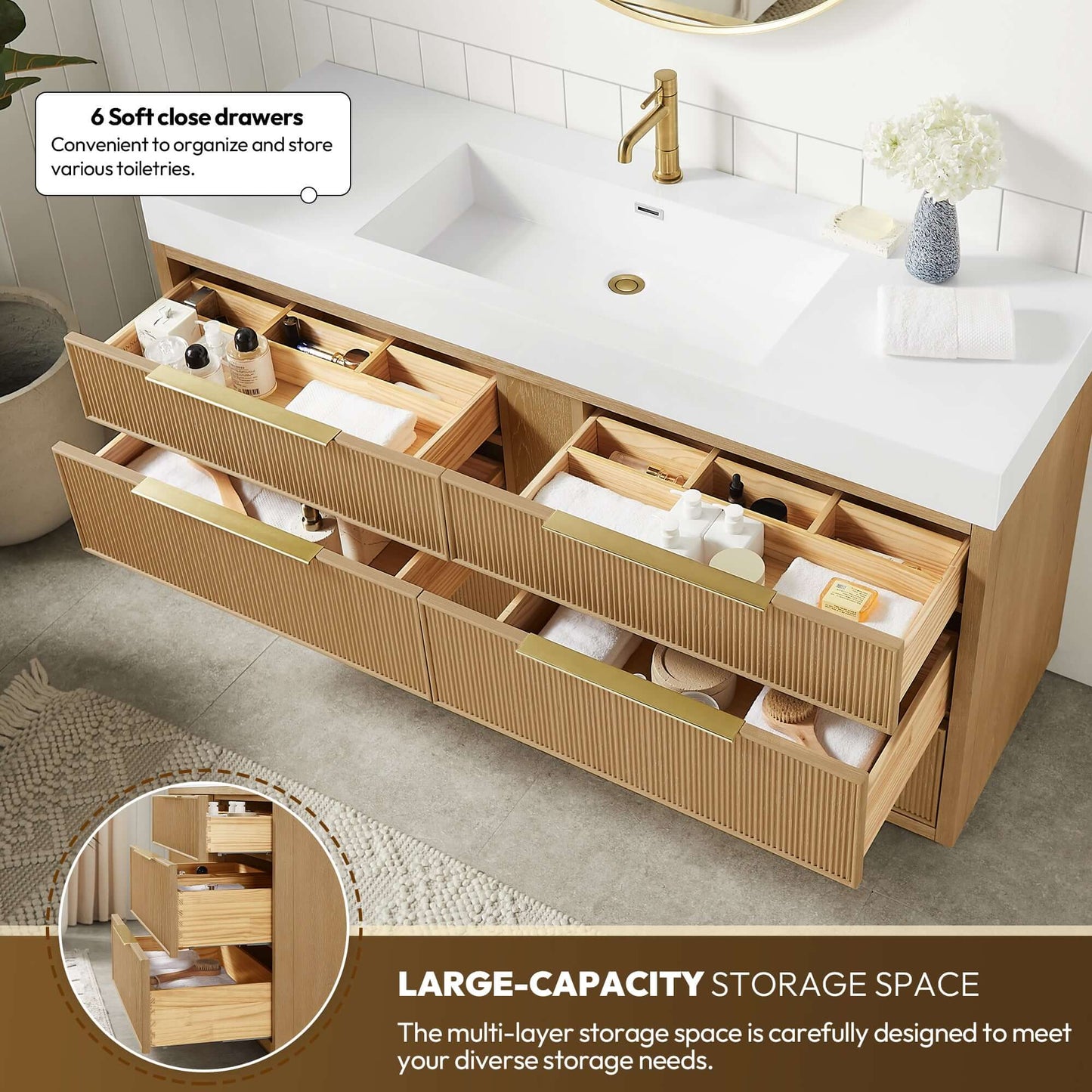 Vinnova, Hohhot 60" Free-standing Single Bath Vanity in Washed Ash Grey with White Integrated Stone Sink Top showing open storage drawers.