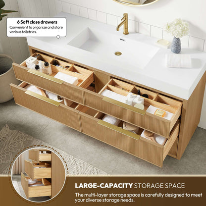 Vinnova, Hohhot 60" Free-standing Single Bath Vanity in Washed Ash Grey with White Integrated Stone Sink Top showing open storage drawers.