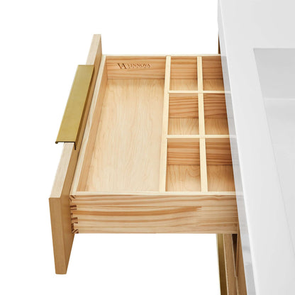 Open drawer detail of Vinnova, Hohhot 60" Free-standing Single Bath Vanity in Washed Ash Grey with White Integrated Stone Sink Top