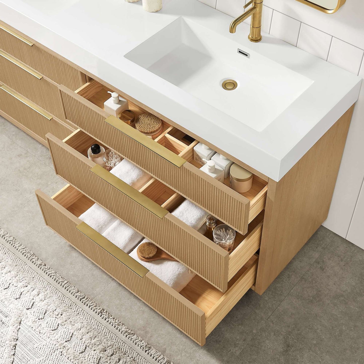 Vinnova, Hohhot 72" Free-standing Double Bath Vanity in Washed Ash Grey with White Integrated Stone Sink Top