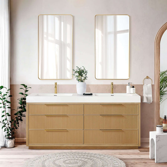 Vinnova, Hohhot 72" Free-standing Double Bath Vanity in Washed Ash Grey with White Integrated Stone Sink Top in elegant bathroom setting.