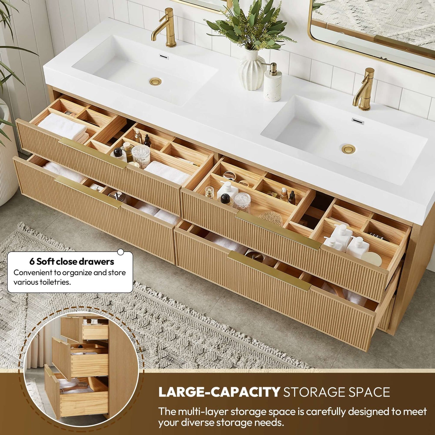 Vinnova, Hohhot 72" Free-standing Double Bath Vanity in Washed Ash Grey with White Integrated Stone Sink Top showcasing storage drawers.