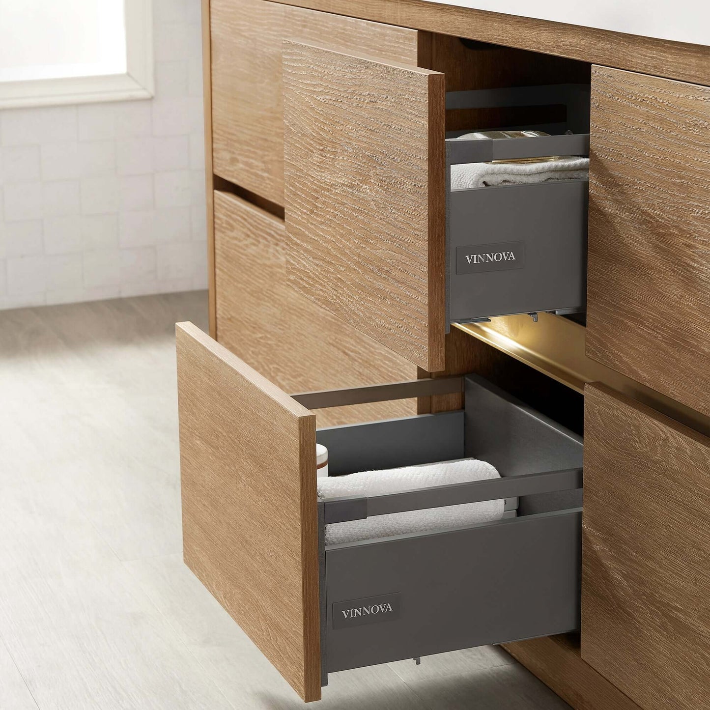 Open drawer of Vinnova, Huesca 84" Double Sink Bath Vanity in North American Oak with White Composite Integral Square Sink Top