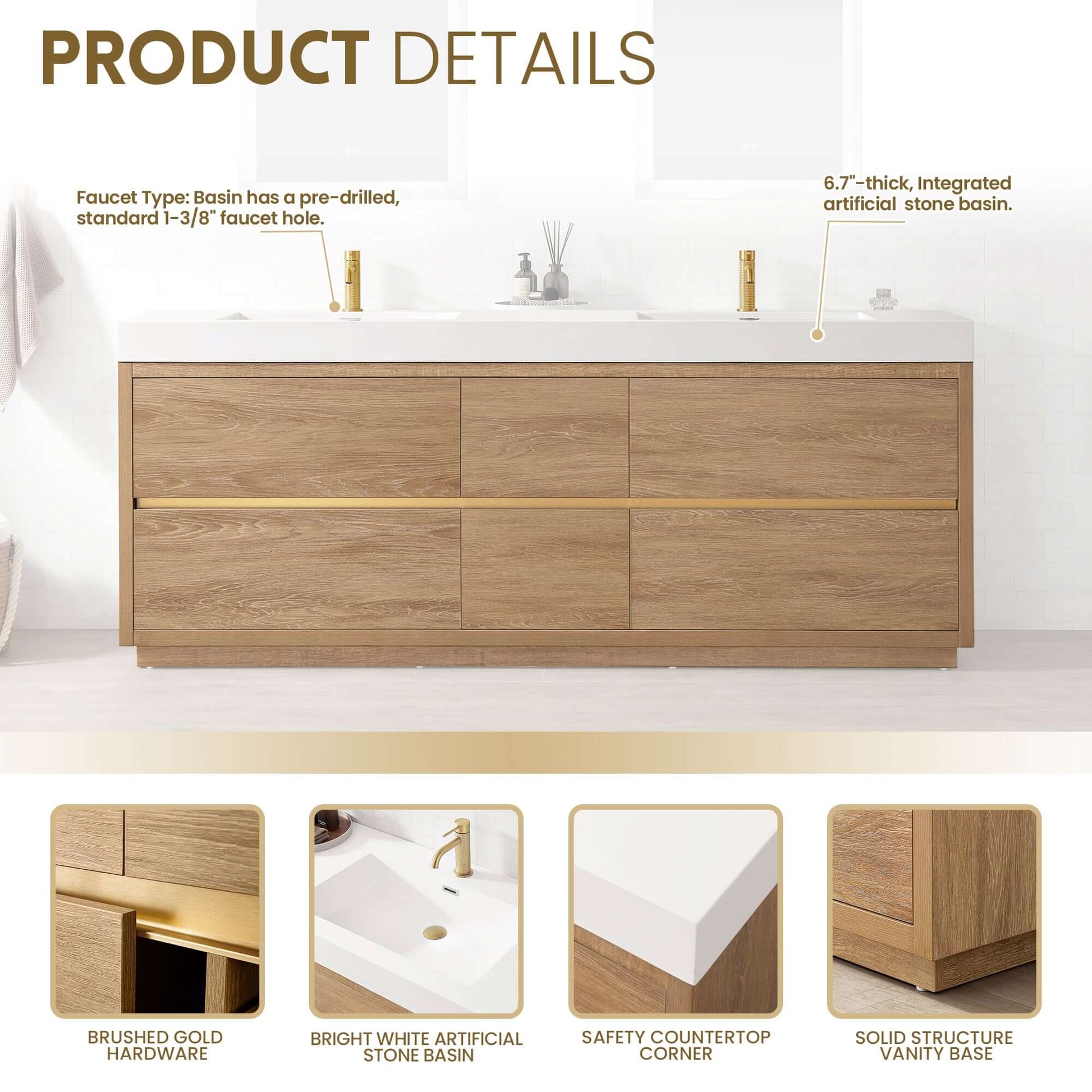 Vinnova, Huesca 84" Double Sink Bath Vanity in North American Oak with White Composite Integral Square Sink Top, bathroom vanity.