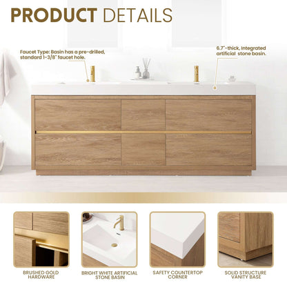 Vinnova, Huesca 84" Double Sink Bath Vanity in North American Oak with White Composite Integral Square Sink Top, bathroom vanity.