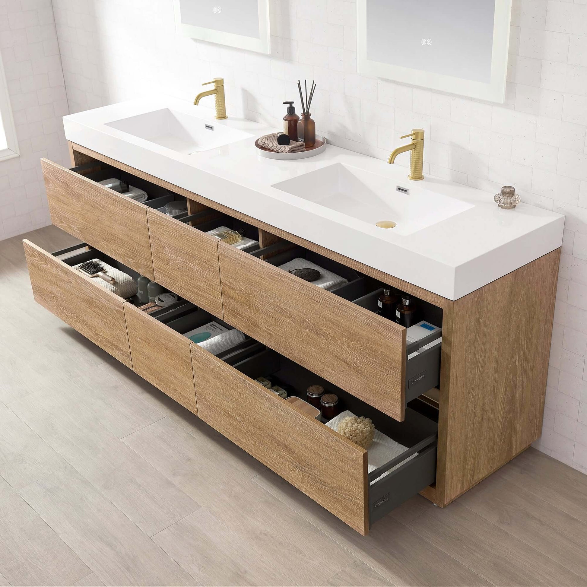 Vinnova, Huesca 84" Double Sink Bath Vanity in North American Oak with White Composite Integral Square Sink Top and Mirror, bathroom vanity