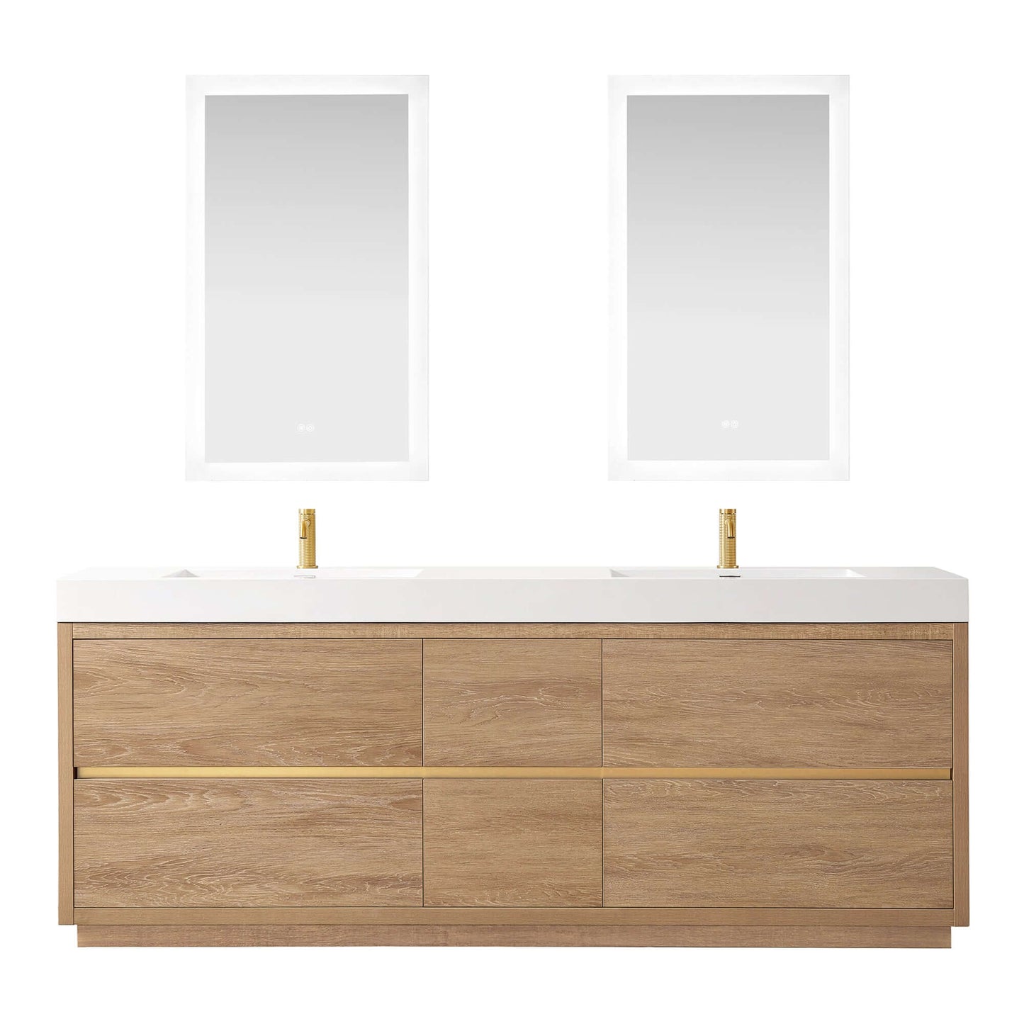 Vinnova, Huesca 84" Double Sink Bath Vanity in North American Oak with White Composite Integral Square Sink Top and Mirror