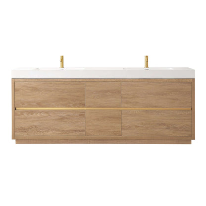 Vinnova, Huesca 84" Double Sink Bath Vanity in North American Oak with White Composite Integral Square Sink Top - bathroom vanity