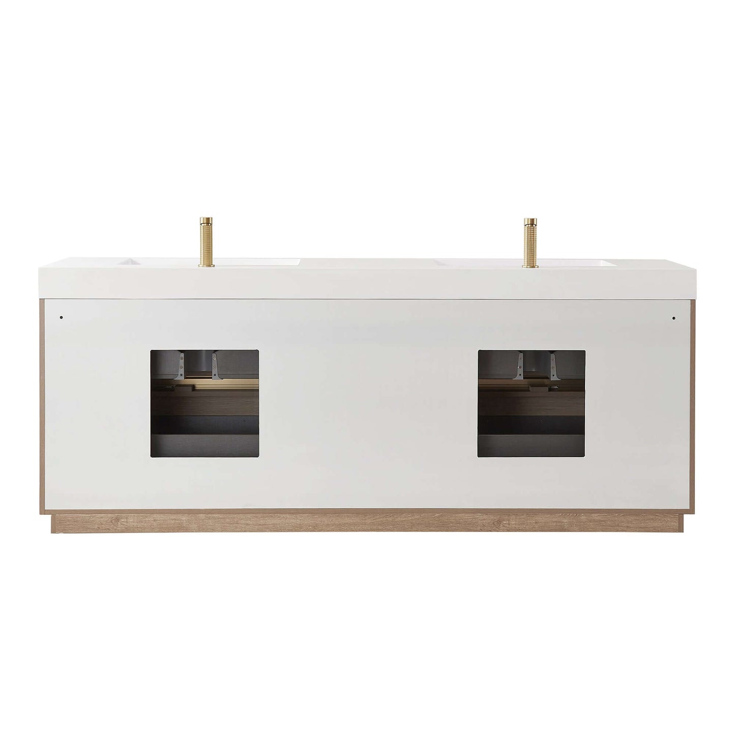 Vinnova, Huesca 84" Double Sink Bath Vanity in North American Oak with White Composite Integral Square Sink Top bathroom vanity