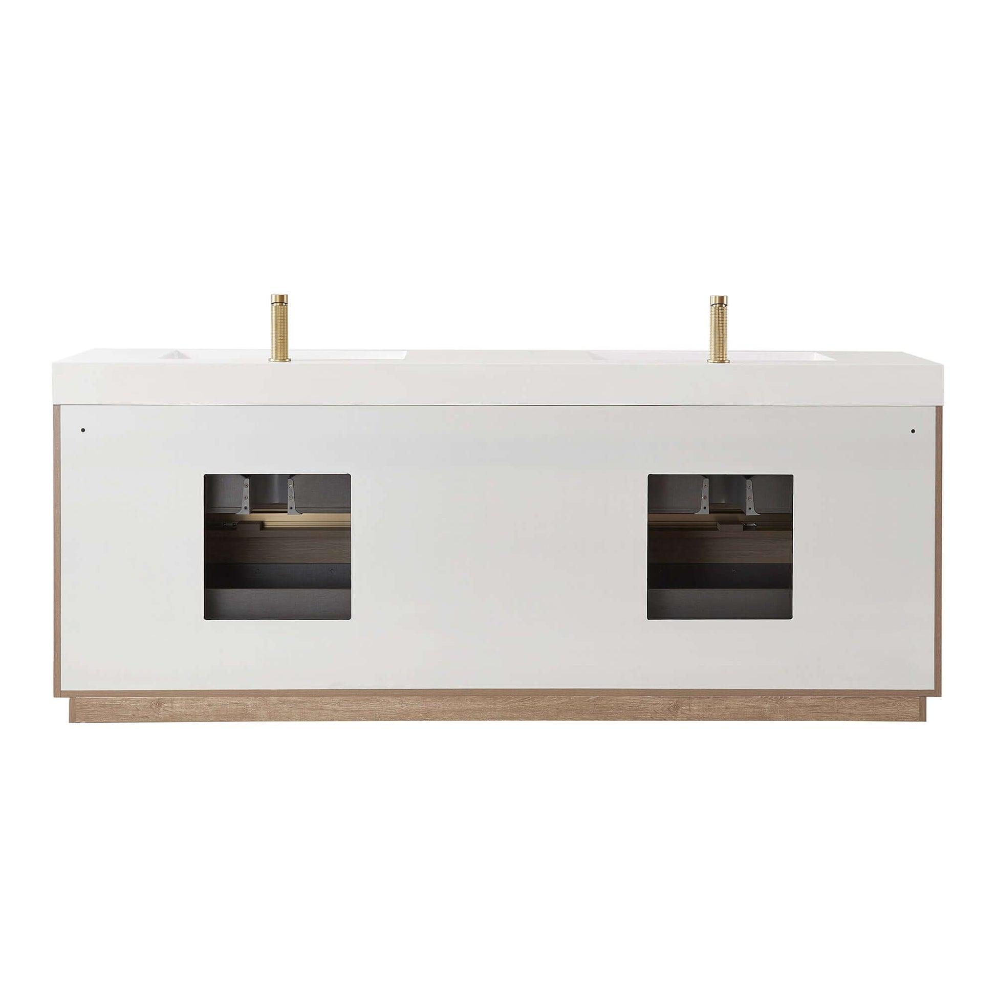 Vinnova, Huesca 84" Double Sink Bath Vanity in North American Oak with White Composite Integral Square Sink Top bathroom vanity