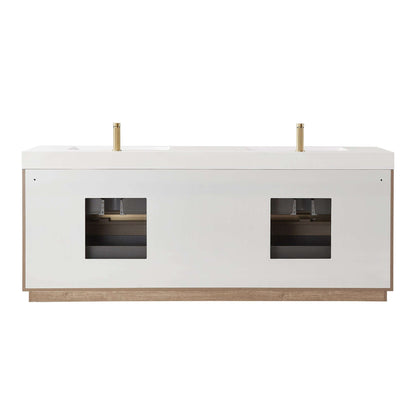 Vinnova, Huesca 84" Double Sink Bath Vanity in North American Oak with White Composite Integral Square Sink Top bathroom vanity