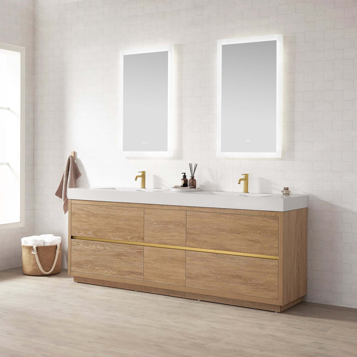 Vinnova, Huesca 84" Double Sink Bath Vanity in North American Oak with White Composite Integral Square Sink Top and Mirror in bathroom