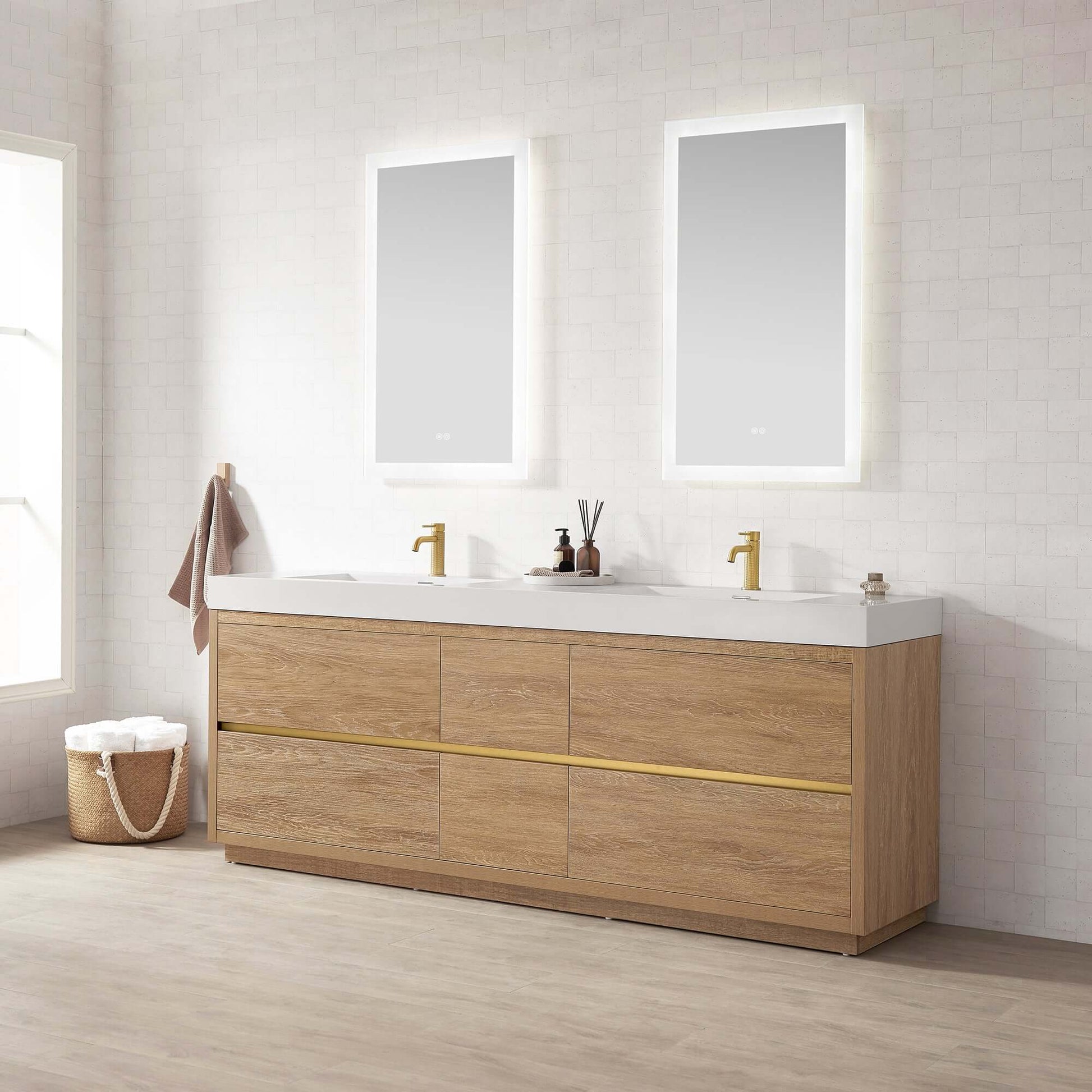 Vinnova, Huesca 84" Double Sink Bath Vanity in North American Oak with White Composite Integral Square Sink Top and Mirror in bathroom