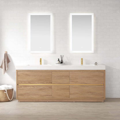 Vinnova, Huesca 84" Double Sink Bath Vanity in North American Oak with White Composite Integral Square Sink Top in a modern bathroom