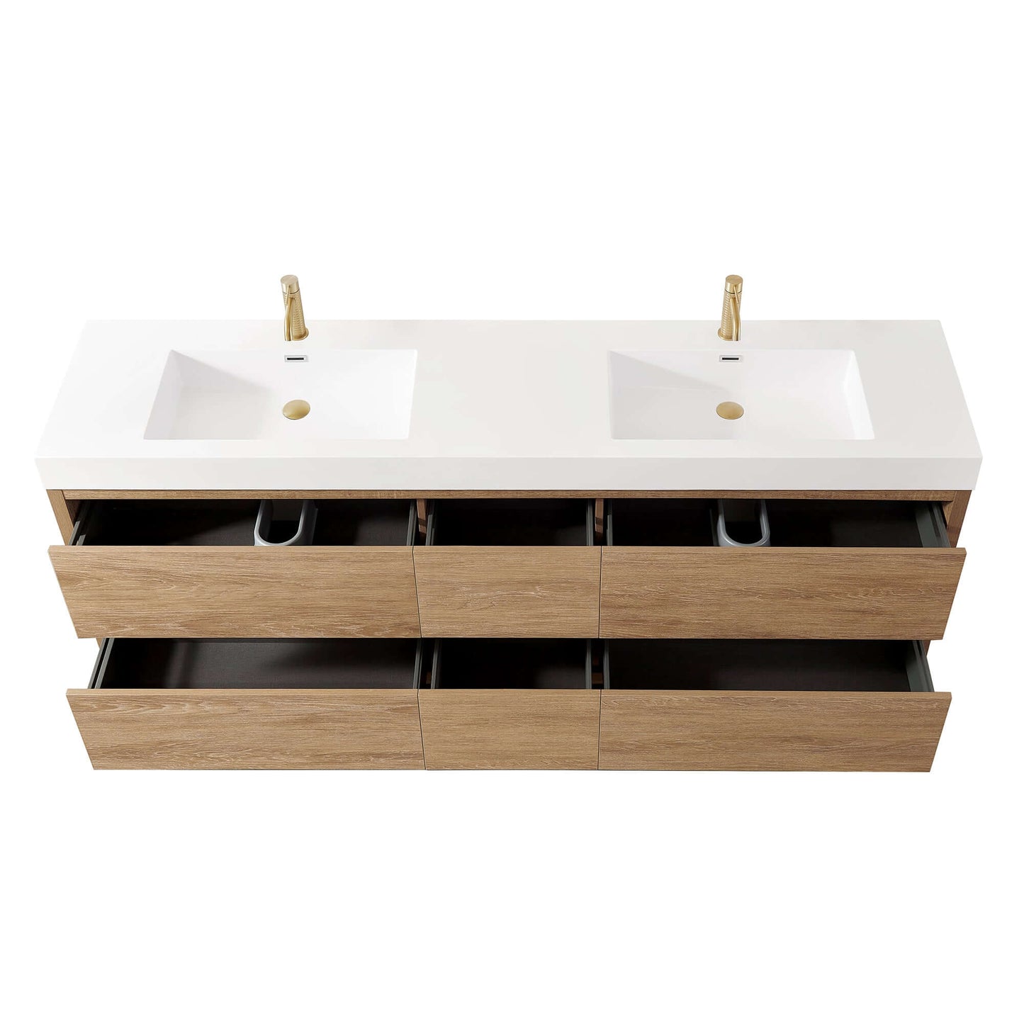 Vinnova, Huesca 84" Double Sink Bath Vanity in North American Oak with White Composite Integral Square Sink Top and Mirror
