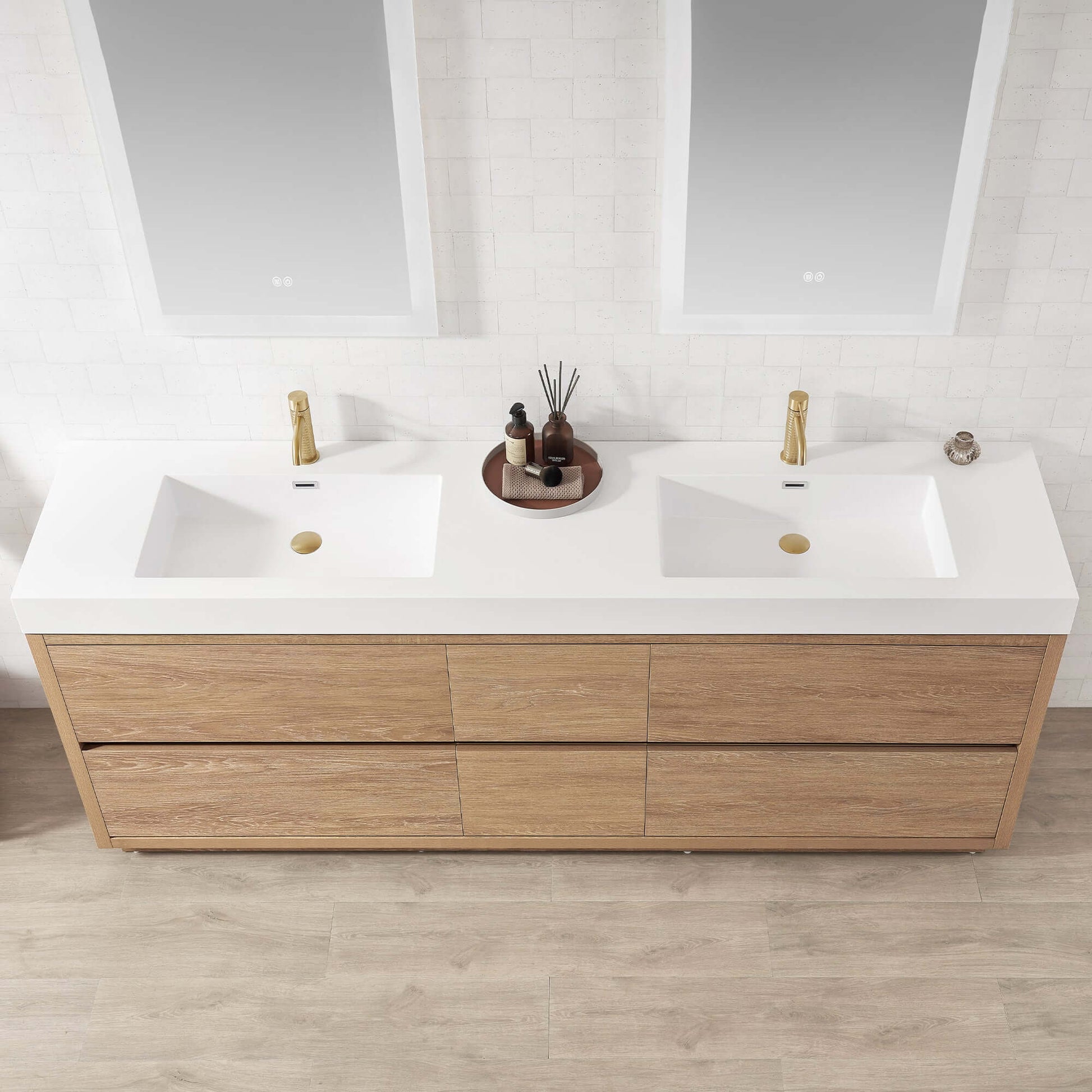 Vinnova, Huesca 84" Double Sink Bath Vanity in North American Oak with White Composite Integral Square Sink Top bathroom vanity