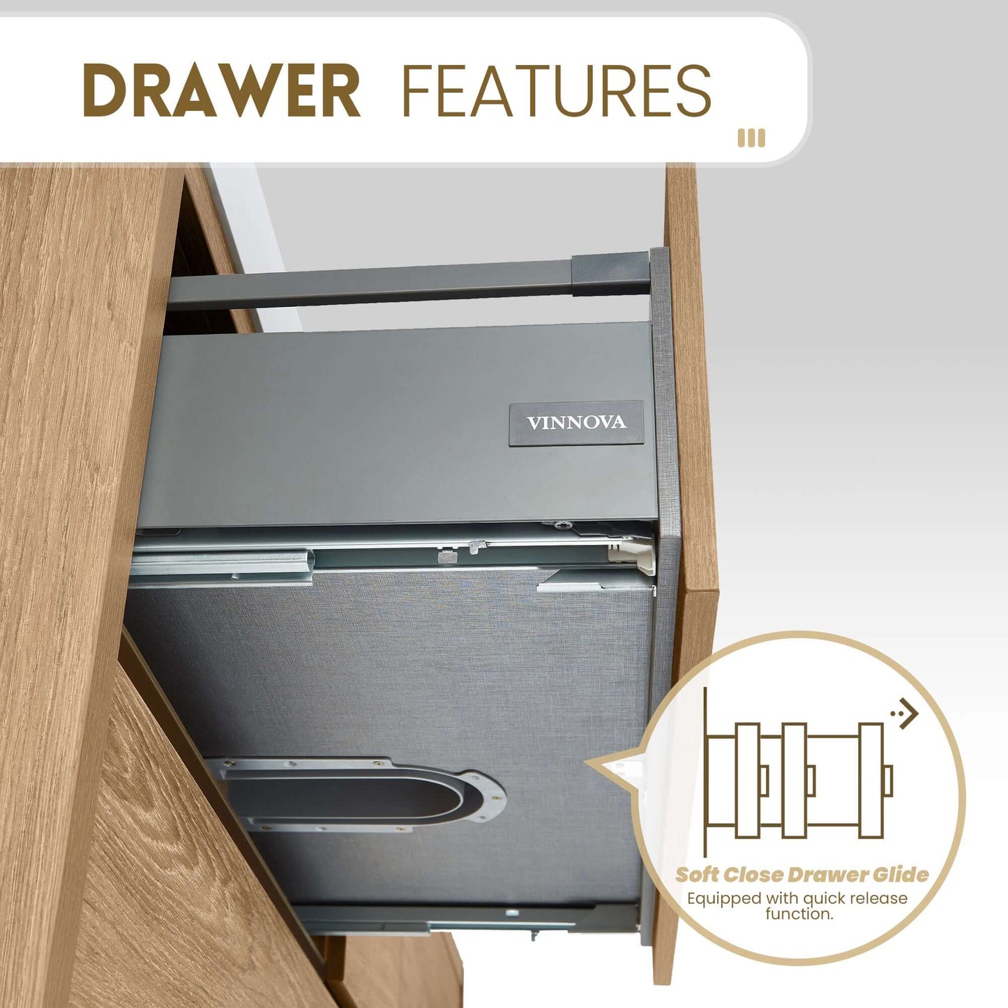 Soft-close drawer feature of Vinnova, Huesca 84" Double Sink Bath Vanity in North American Oak with White Composite Integral Square Sink Top.