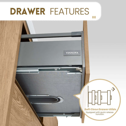 Soft-close drawer feature of Vinnova, Huesca 84" Double Sink Bath Vanity in North American Oak with White Composite Integral Square Sink Top.