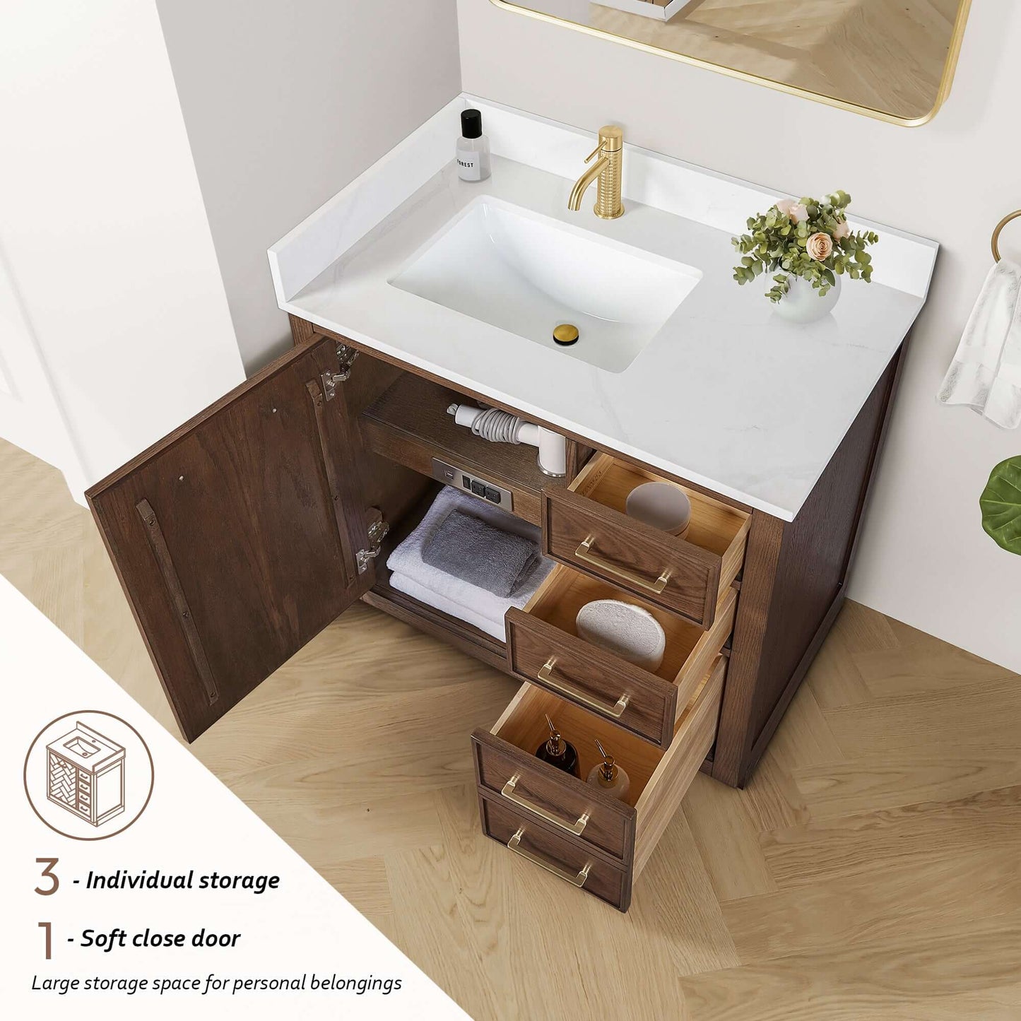 Vinnova, Jakarta 36" Freestanding Single Bath Vanity in Aged Dark Brown Oak with Silk White Quartz Stone Top showing open storage features.