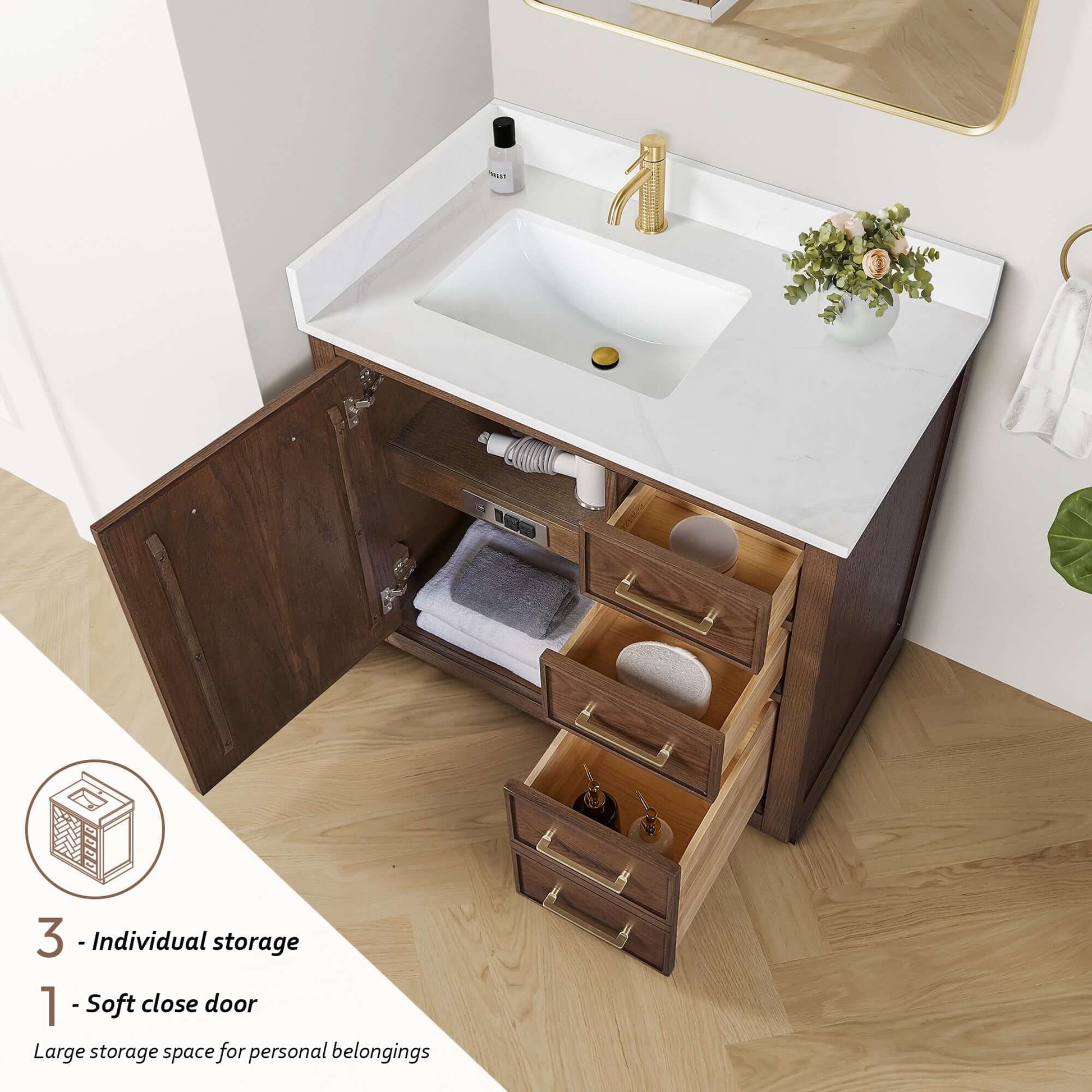 Vinnova, Jakarta 36" Freestanding Single Bath Vanity in Aged Dark Brown Oak with Silk White Quartz Stone Top showing open storage features.