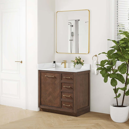 Vinnova, Jakarta 36" Freestanding Single Bath Vanity in Aged Dark Brown Oak with Silk White Quartz Stone Top in bathroom setting