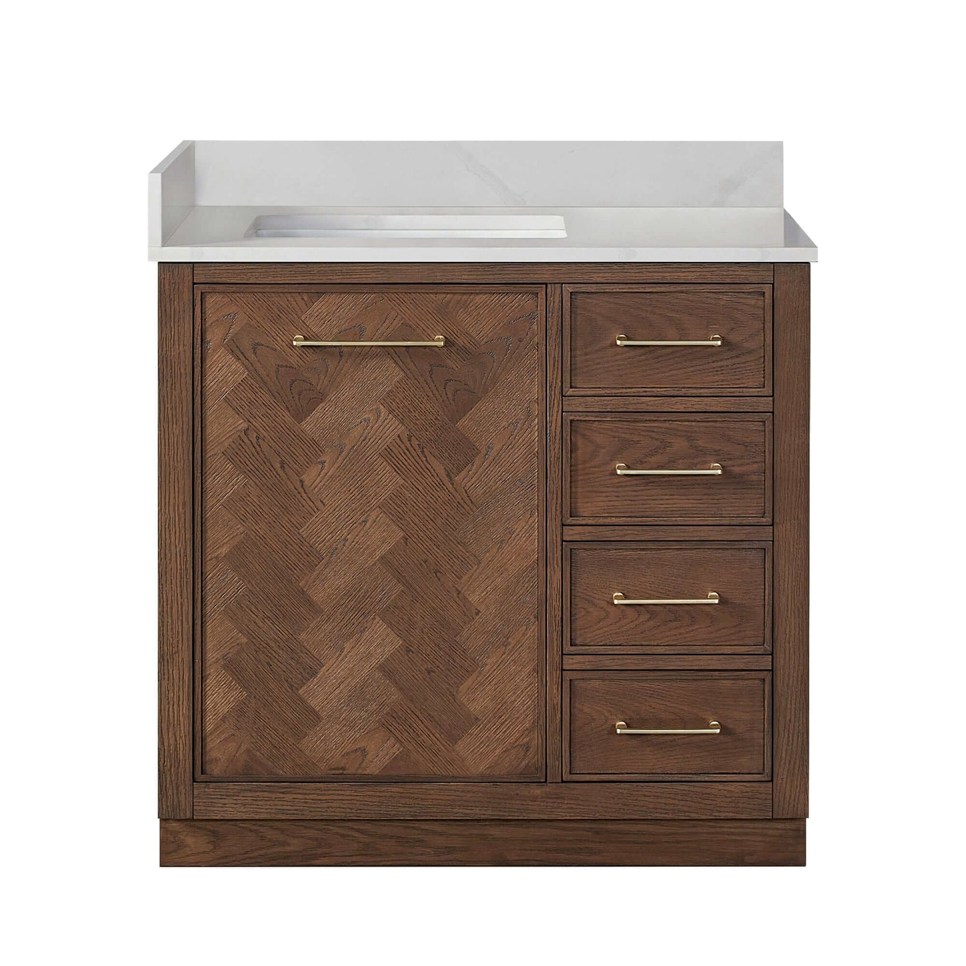 Vinnova, Jakarta 36" Freestanding Single Bath Vanity in Aged Dark Brown Oak with Silk White Quartz Stone Top, elegant bathroom vanity
