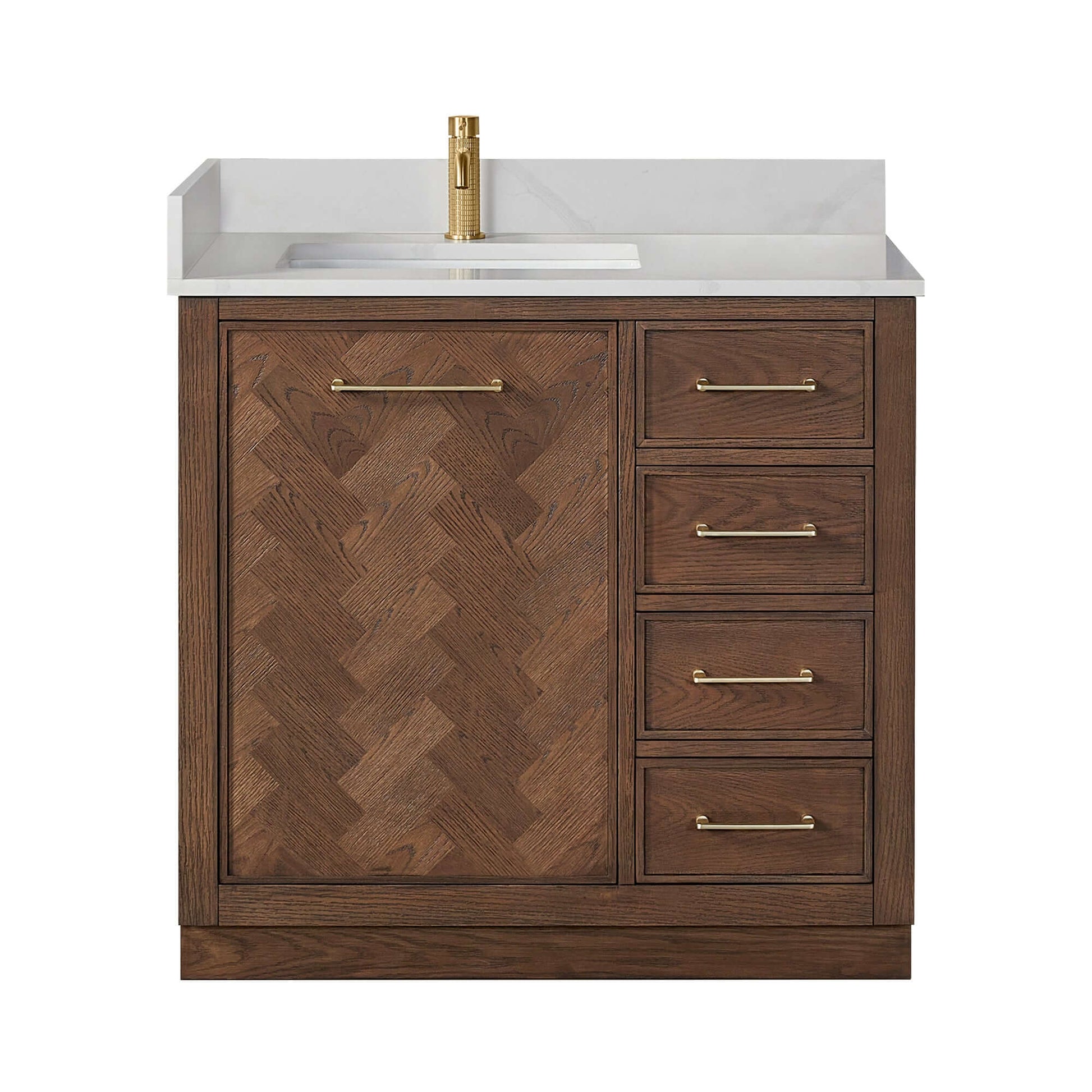 Vinnova, Jakarta 36" Freestanding Single Bath Vanity in Aged Dark Brown Oak with Silk White Quartz Stone Top