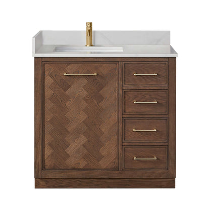 Vinnova, Jakarta 36" Freestanding Single Bath Vanity in Aged Dark Brown Oak with Silk White Quartz Stone Top