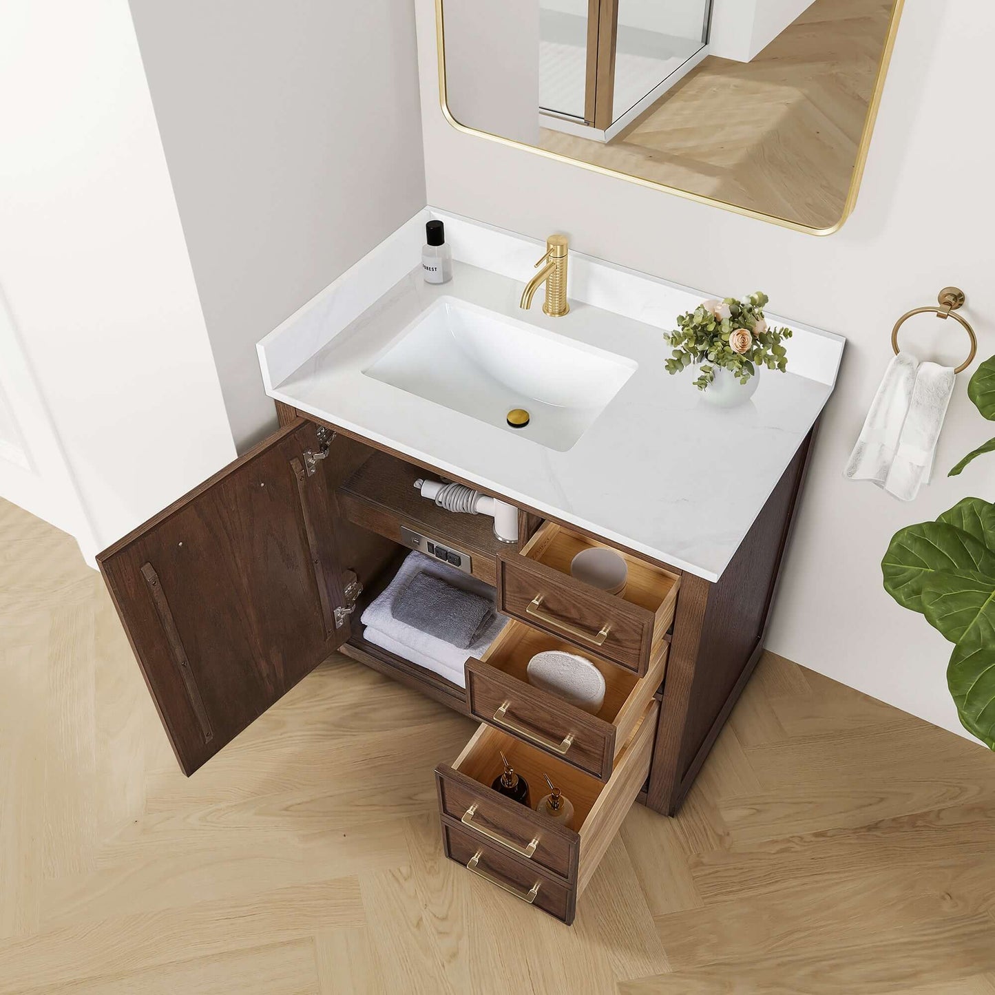 Vinnova, Jakarta 36" Freestanding Single Bath Vanity in Aged Dark Brown Oak with Silk White Quartz Stone Top in a styled bathroom.