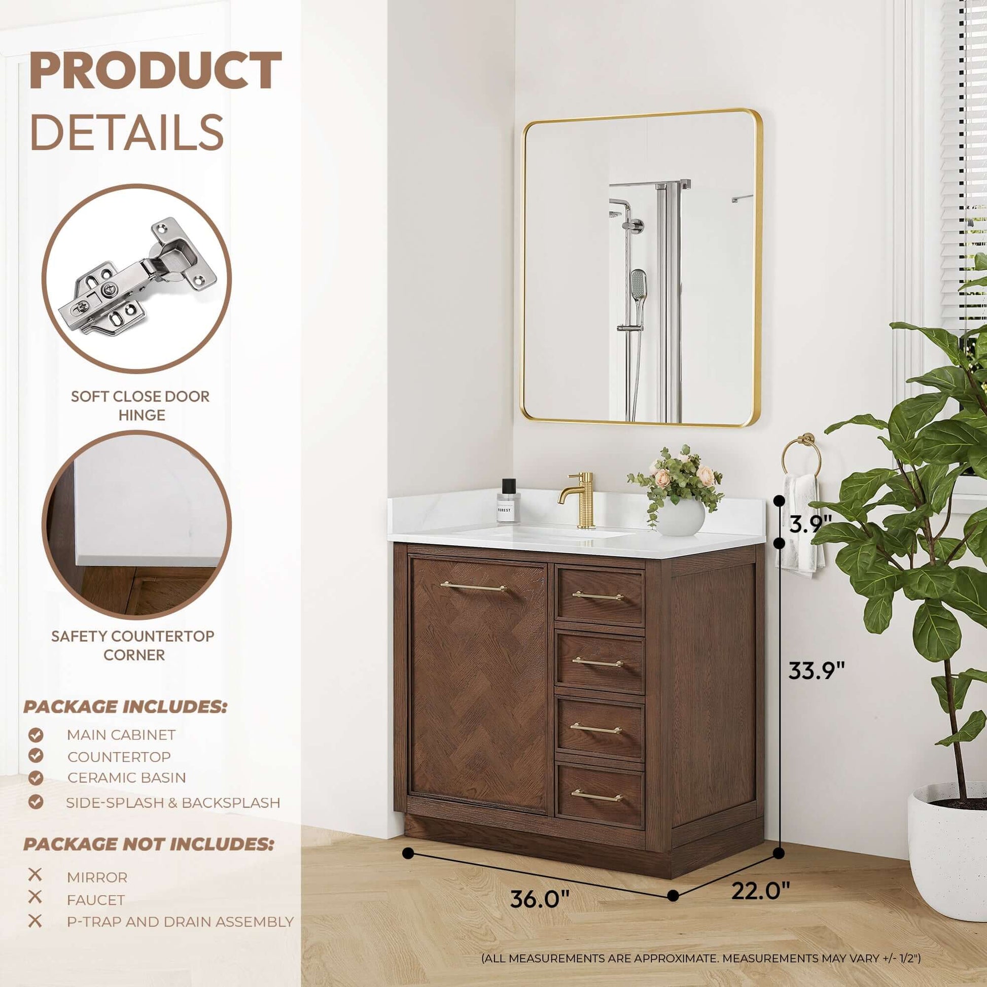 Vinnova, Jakarta 36" Freestanding Single Bath Vanity in Aged Dark Brown Oak with Silk White Quartz Stone Top, in bathroom
