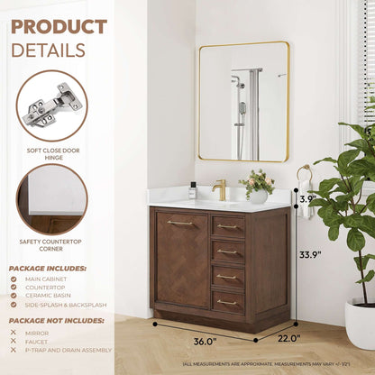 Vinnova, Jakarta 36" Freestanding Single Bath Vanity in Aged Dark Brown Oak with Silk White Quartz Stone Top, in bathroom
