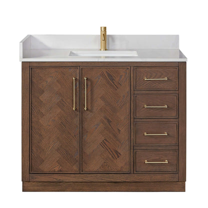 Vinnova, Jakarta 42" Freestanding Single Bath Vanity in Aged Dark Brown Oak with Silk White Quartz Stone Top - luxurious bathroom vanity
