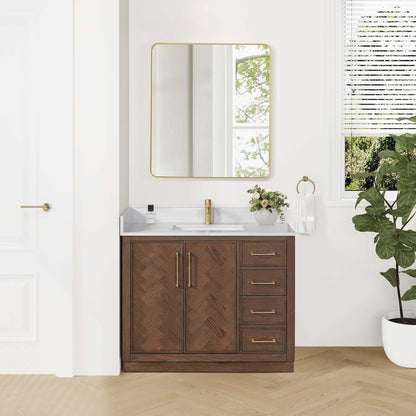 Vinnova, Jakarta 42" Freestanding Single Bath Vanity in Aged Dark Brown Oak with Silk White Quartz Stone Top, elegant bathroom vanity