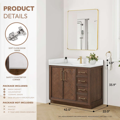 Vinnova, Jakarta 42" Freestanding Single Bath Vanity in Aged Dark Brown Oak with Silk White Quartz Stone Top in modern bathroom.