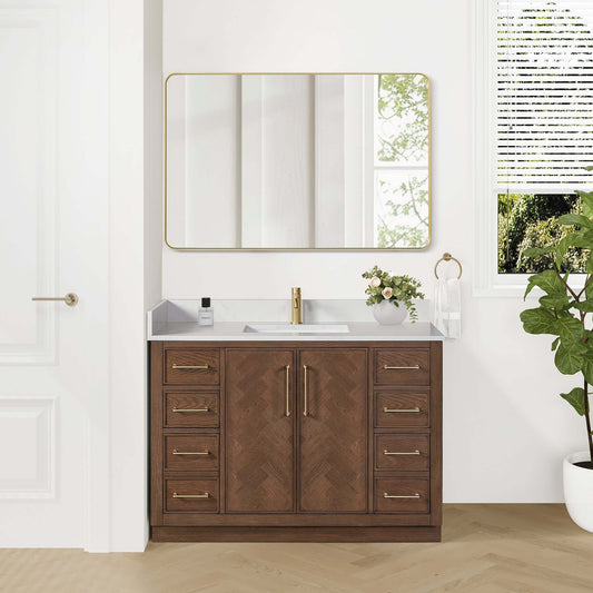 Vinnova, Jakarta 48" Freestanding Single Bath Vanity in Aged Dark Brown Oak with Silk White Quartz Stone Top, ideal for bathroom luxury.