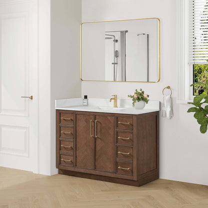 Vinnova, Jakarta 48" Freestanding Single Bath Vanity in Aged Dark Brown Oak with Silk White Quartz Stone Top in modern bathroom