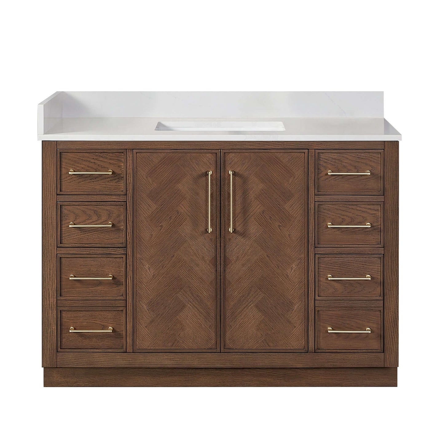 Vinnova, Jakarta 48" Freestanding Single Bath Vanity in Aged Dark Brown Oak with Silk White Quartz Stone Top