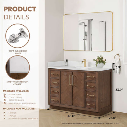 Vinnova, Jakarta 48" Freestanding Single Bath Vanity in Aged Dark Brown Oak with Silk White Quartz Stone Top, bathroom setting