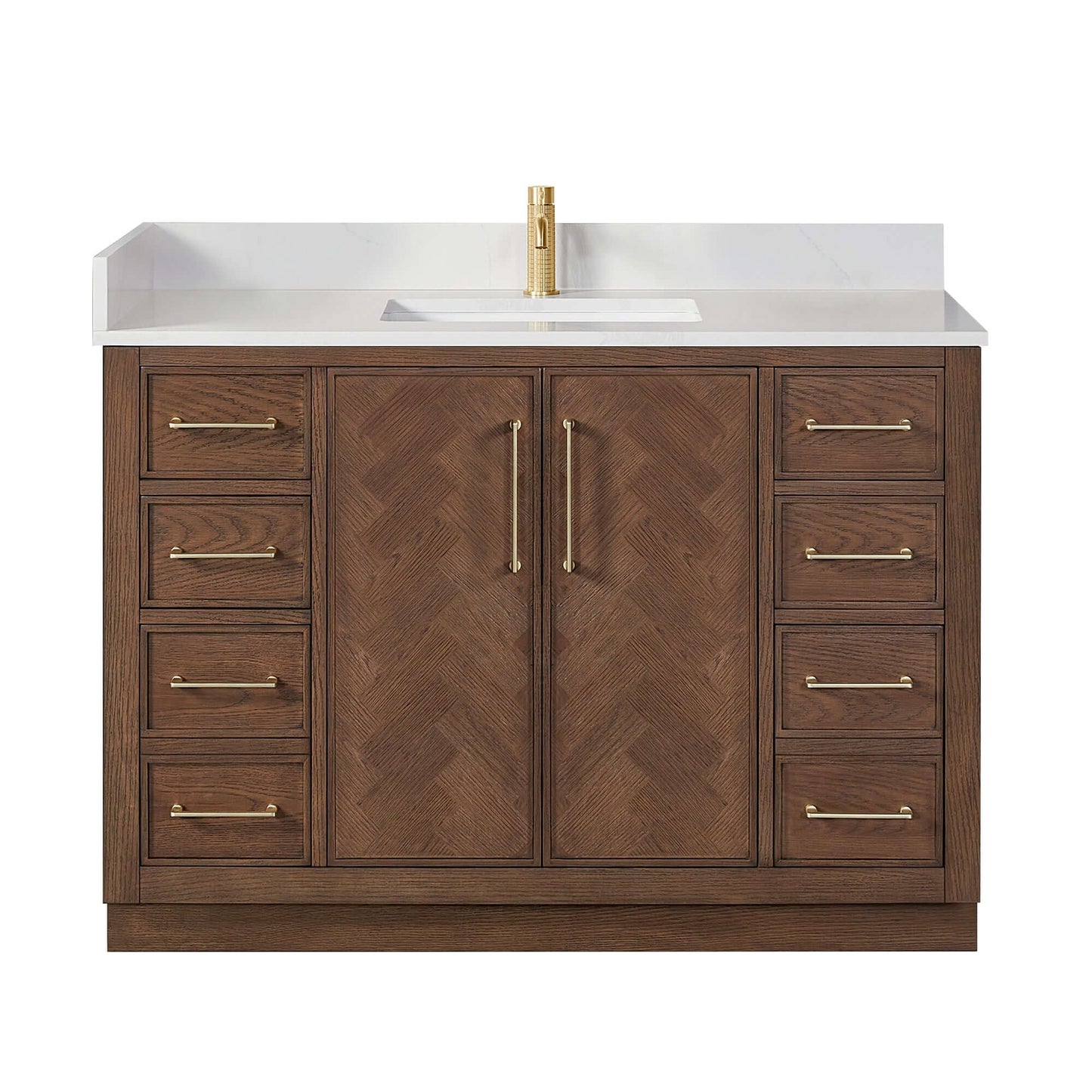 Vinnova, Jakarta 48" Freestanding Single Bath Vanity in Aged Dark Brown Oak with Silk White Quartz Stone Top, bathroom vanity