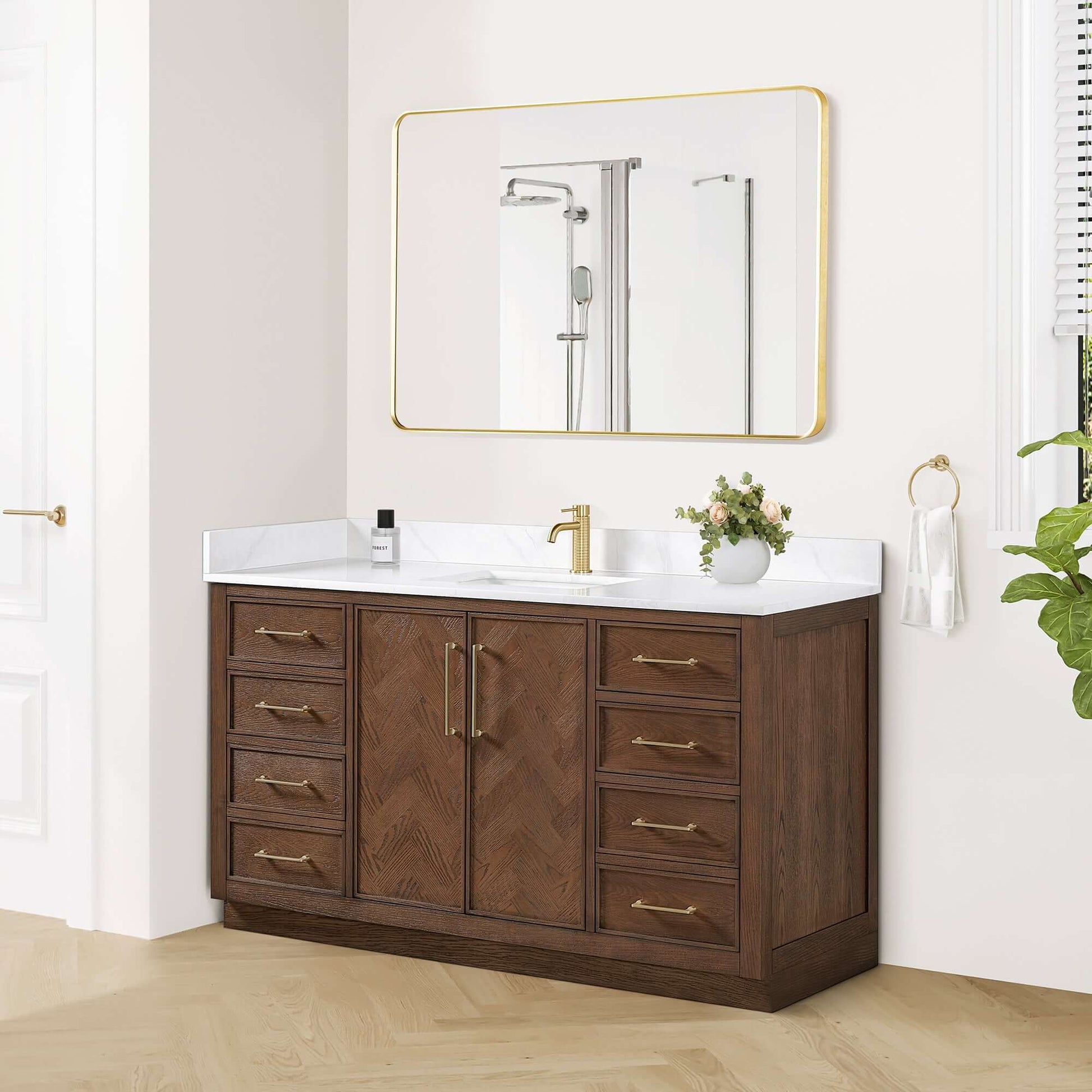 Vinnova, Jakarta 60" Freestanding Single Bath Vanity in Aged Dark Brown Oak with Silk White Quartz Stone Top in bathroom setting