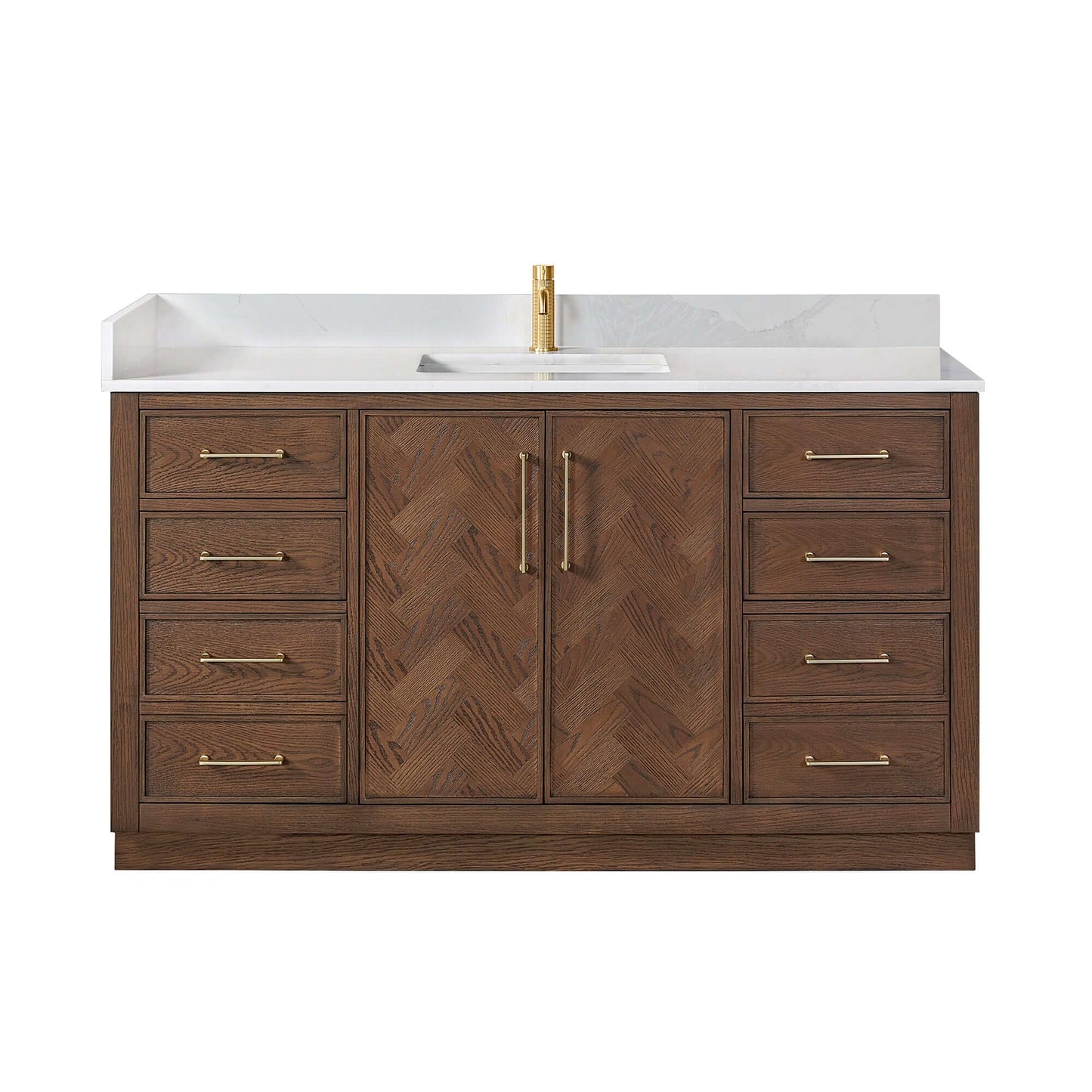 Vinnova, Jakarta 60" Freestanding Single Bath Vanity in Aged Dark Brown Oak with Silk White Quartz Stone Top bathroom vanity