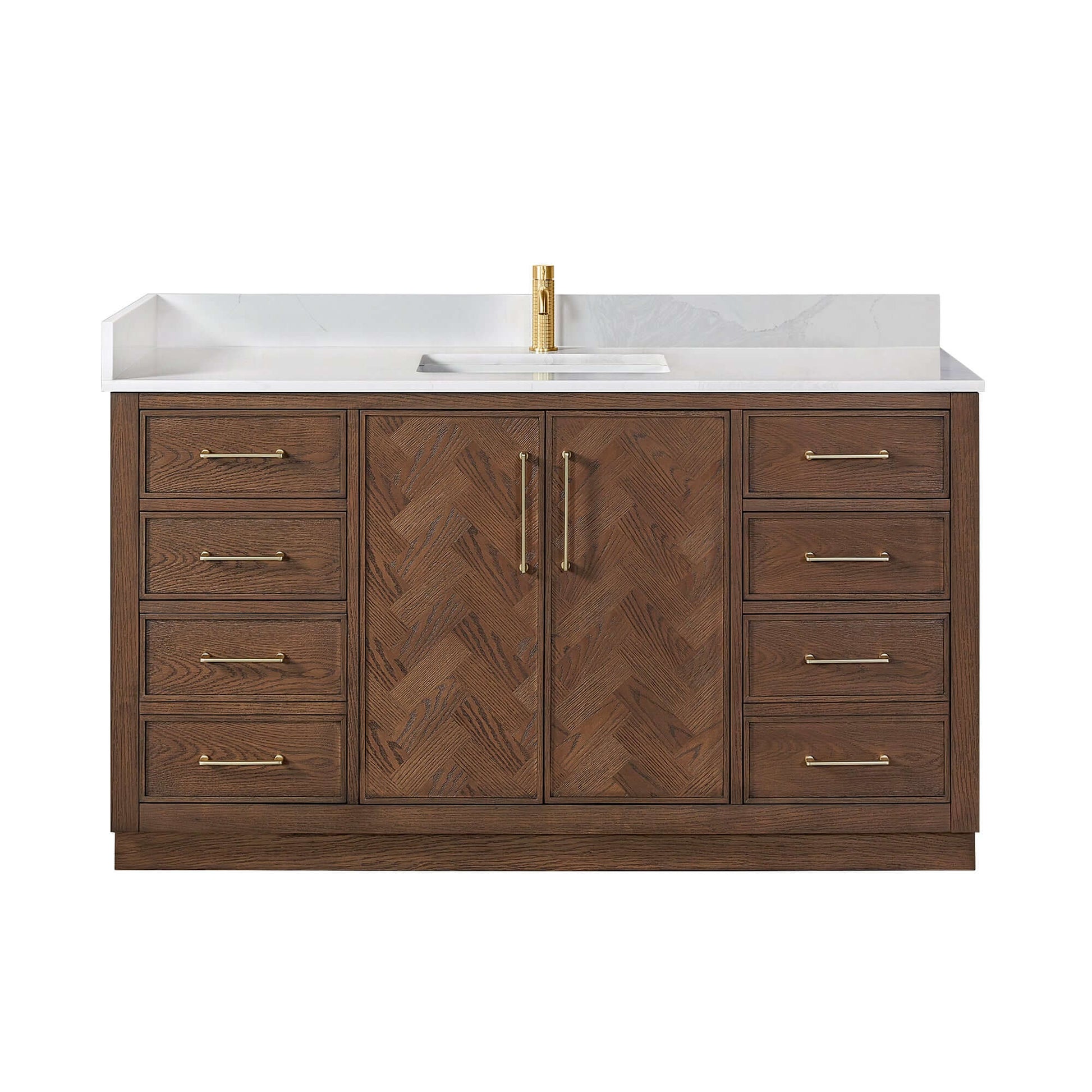 Vinnova, Jakarta 60" Freestanding Single Bath Vanity in Aged Dark Brown Oak with Silk White Quartz Stone Top bathroom vanity