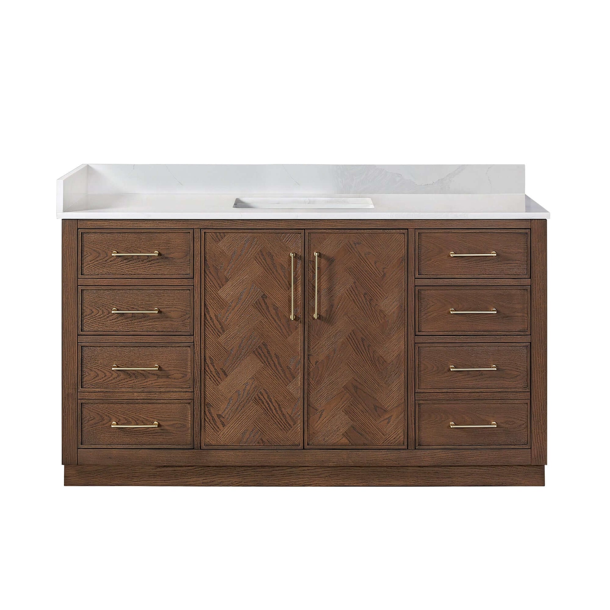 Vinnova, Jakarta 60" Freestanding Single Bath Vanity in Aged Dark Brown Oak with Silk White Quartz Stone Top for modern bathroom design