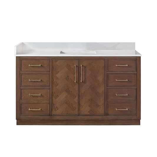 Vinnova, Jakarta 60" Freestanding Single Bath Vanity in Aged Dark Brown Oak with Silk White Quartz Stone Top for modern bathroom design