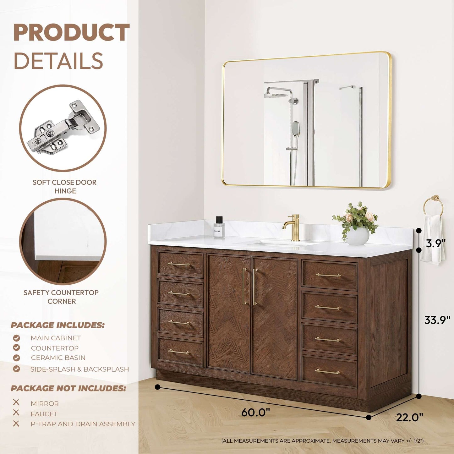 Vinnova, Jakarta 60" Freestanding Single Bath Vanity in Aged Dark Brown Oak with Silk White Quartz Stone Top, bathroom vanity details