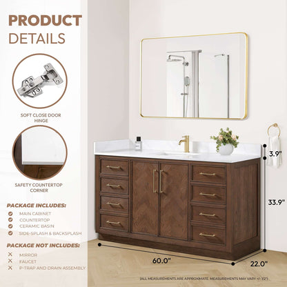 Vinnova, Jakarta 60" Freestanding Single Bath Vanity in Aged Dark Brown Oak with Silk White Quartz Stone Top, bathroom vanity details