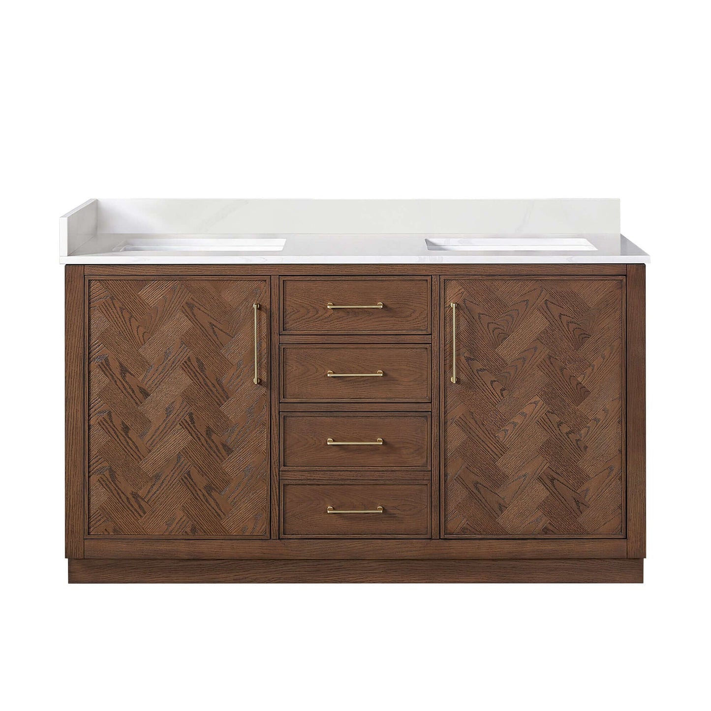 Vinnova, Jakarta 60M" Freestanding Double Bath Vanity in Aged Dark Brown Oak with Silk White Quartz Stone Top for the perfect bathroom upgrade.