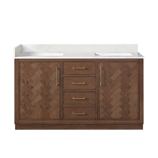 Vinnova, Jakarta 60M" Freestanding Double Bath Vanity in Aged Dark Brown Oak with Silk White Quartz Stone Top for the perfect bathroom upgrade.