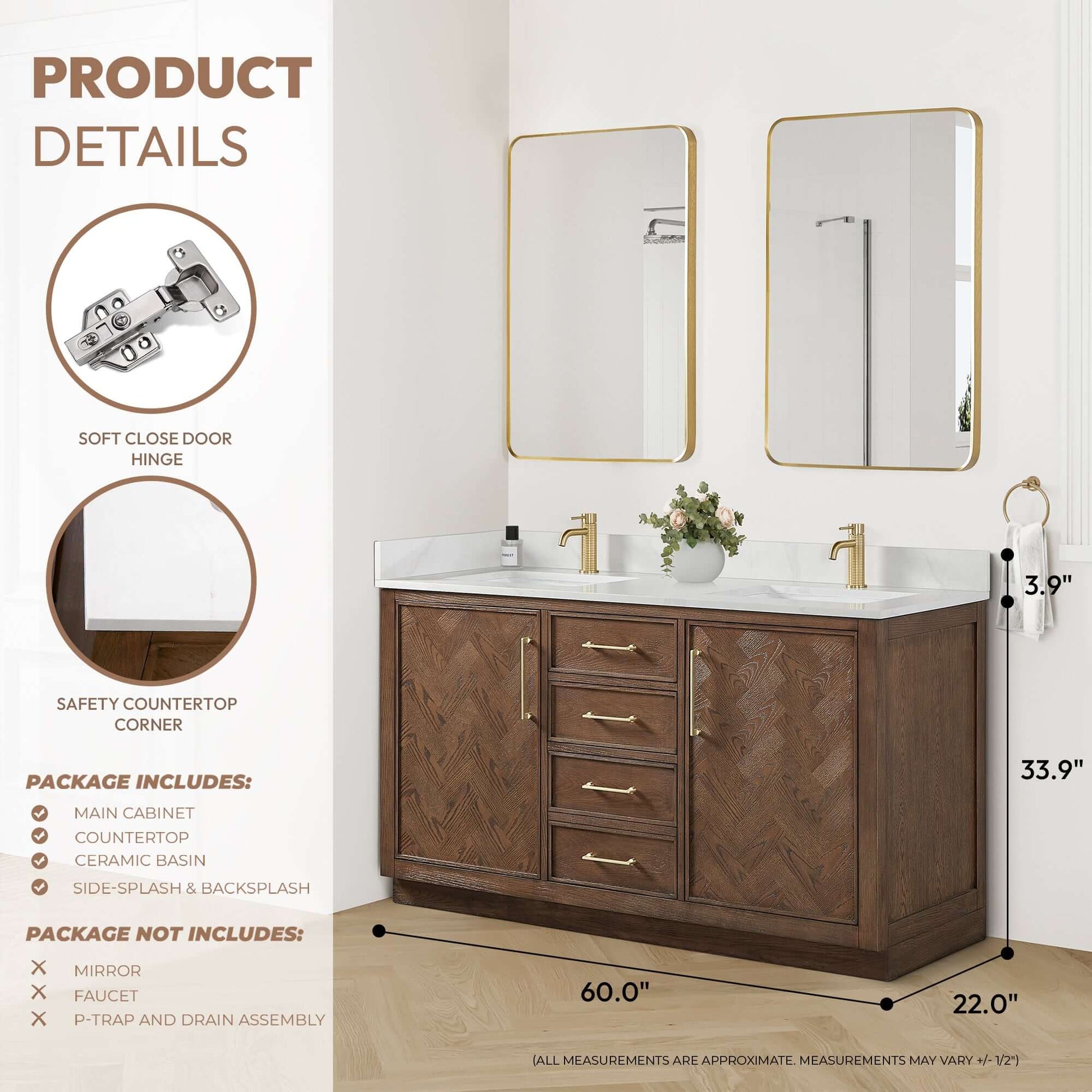 Vinnova, Jakarta 60M" Freestanding Double Bath Vanity in Aged Dark Brown Oak with Silk White Quartz Stone Top featured with product details.