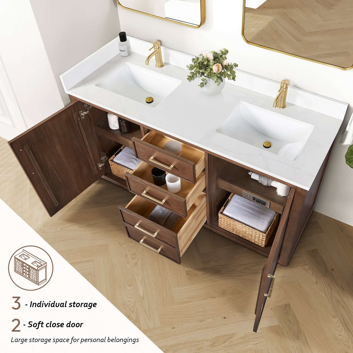 Vinnova, Jakarta 60M" Freestanding Double Bath Vanity in Aged Dark Brown Oak with Silk White Quartz Stone Top, bathroom storage